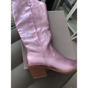 Women Western Cowboy Boots Knee High Pointed Toe Cowgirl Boots With Zipper-Pink